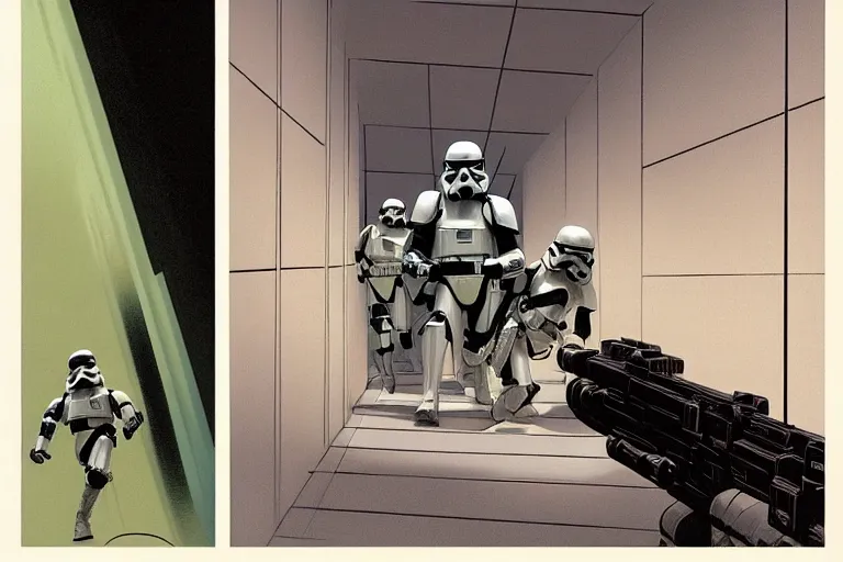 Image similar to ralph mcquarrie concept art, scene : int. death star - detention corridor, luke and leia crouch together in an alcove for protection as they continue to exchange fire with troops. han and chewbacca are barely able to keep the stormtroopers at bay at the far and of the hallway. the laserfire is very intense, and smoke fills the narrow cell corridor.