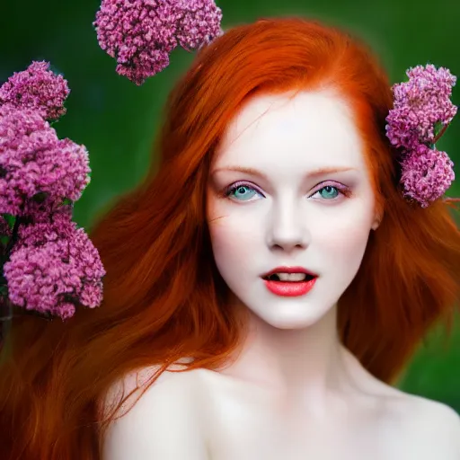 Prompt: !dream Fine art photo of the most beautiful woman, she is redhead, she is posing while maintain a sweet eye contact to the camera, she has a crown of flowers, she has perfect white teeths, matte painting, oil painting, naturalism