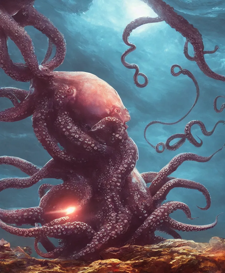 Image similar to hyper realistic giant octopus grabbing a small submarine underwater, illustrated by greg rutkowski, beautiful volumetric lighting, intricate, ultra detailed, photorealistic, trending on artstation, octane render, 8 k