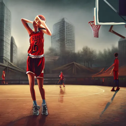 Image similar to tall woman playing basketball, city in background, moody atmosphere, digital art, highly detailed, high contrast, beautiful lighting, award winning, trending on art station, photorealistic, 8 k,