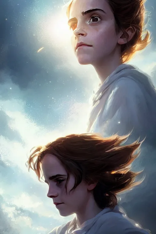 Image similar to Poster artwork, Emma Watson as Hermione Granger, fading, dissolving into light, vanishing, magnificent, medium shot, close up, details, sharp focus, elegant, highly detailed, illustration, by Jordan Grimmer and greg rutkowski and PiNe(パイネ) and 薯子Imoko and 香川悠作 and wlop!! and maya takamura, intricate, beautiful, Trending artstation, pixiv, digital Art