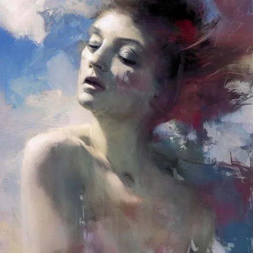 Prompt: painting of a beautiful surreal goddess, dancing on a cloud, by Jeremy Mann and Jason Jenicke, detailed, stylized, loose brush strokes, intricate, realistic, exaggerated lighting, sense of scale, sensual