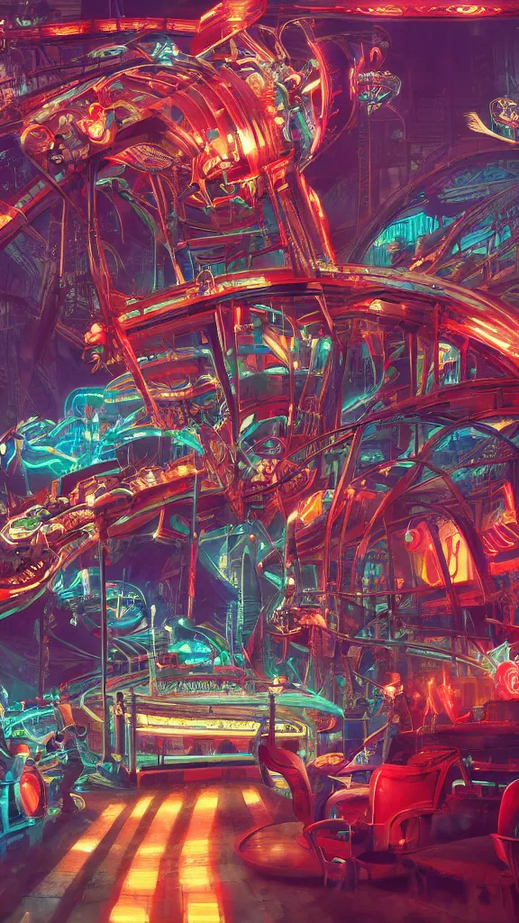 Image similar to concept art, retro - futurist steampunk theme park, imperious, towering rollercoaster, carnival robots, octane render, artstation, dramatic neon lighting, glowing circus motifs, red turquoise accents, bladerunner, by gerald brom, james jean, syd mead, akihiko yoshida, cinematic