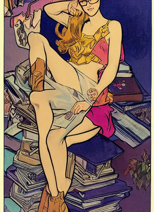 Prompt: a woman with light brown hair and glasses sitting on top of a tall pile of books. well composed, clean elegant painting, beautiful detailed face. comic book art by steve ditko and jack kirby and alphonse mucha