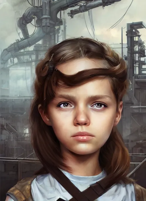 Prompt: a portrait digital painting of a young girl with hazel - brown hair. post - apocalyptic clothing. she's wearing a mechanics uniform and has been working on some large machinery. a factory background with big machines, pipes, computer monitors. painted by artgerm, ross tran.