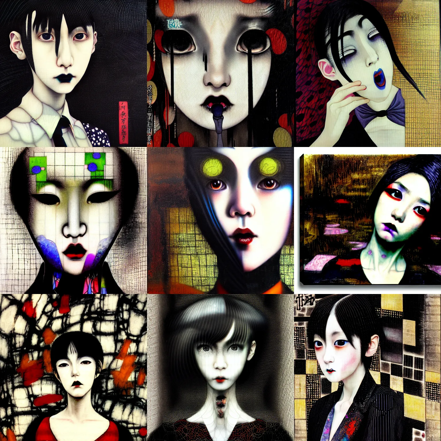 Image similar to yoshitaka amano blurred and dreamy realistic three quarter angle portrait of a young woman with black lipstick and black eyes wearing dress suit with tie, junji ito abstract patterns in the background, satoshi kon anime, noisy film grain effect, highly detailed, renaissance oil painting, weird portrait angle, blurred lost edges