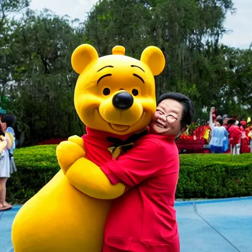 Prompt: Xi Jinping (President of the People's Republic of China) hugging Winnie the Pooh at Disney World in Florida, Getty Images, 4k, DLSR