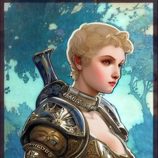 Image similar to young paladin woman, short blonde hair, plate chest armour, symmetrical portrait RPG avatar, by Mucha, intricate, 8k,