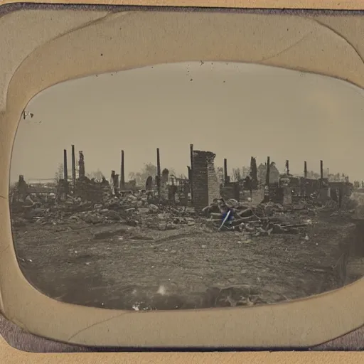 Image similar to tintype photograph of thriving village located in ruins of new york city, destroyed background city, small village, 2 0 9 0 s, crowds of people