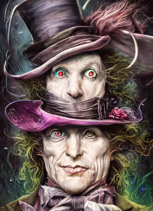 Prompt: mad hatter, call of cthulhu, highly detailed, cinematic, 8 k, by megan duncanson, benjamin lacombe, adrian borda, stanley artgermm, tom bagshaw, craig mullins, carne griffiths, ayami kojima, beksinski, giger, trending on deviantart, hyper detailed, horror, full of colour