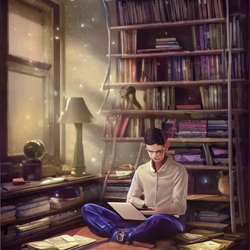 Image similar to a skinny computer nerd guy sitting on the floor of his room, crossed legs, laptop, smartphone, video games, tv, books, potions, jars, shelves, knick knacks, tranquil, calm, sparkles in the air, magic aesthetic, fantasy aesthetic, colorful, whimsical aesthetic, by stanely artgerm, tom bagshaw, arthur adams, cane griffiths, trending on deviantart, street art, face enhance, chillwave, maximalist