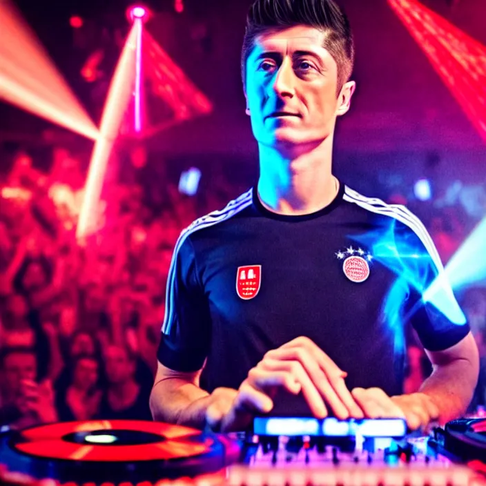 Prompt: robert lewandowski as a dj in the club, photorealiscic face, darc bacgroud, lasers