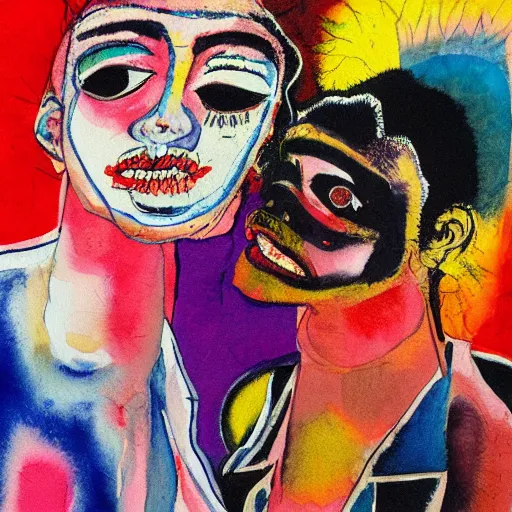 Prompt: watercolor painting of two bizarre psychedelic punk women kissing each other closeup in a vortex in japan, speculative evolution, mixed media collage by basquiat and jackson pollock, maximalist magazine collage art, sapphic art, lesbian art, chemically damaged