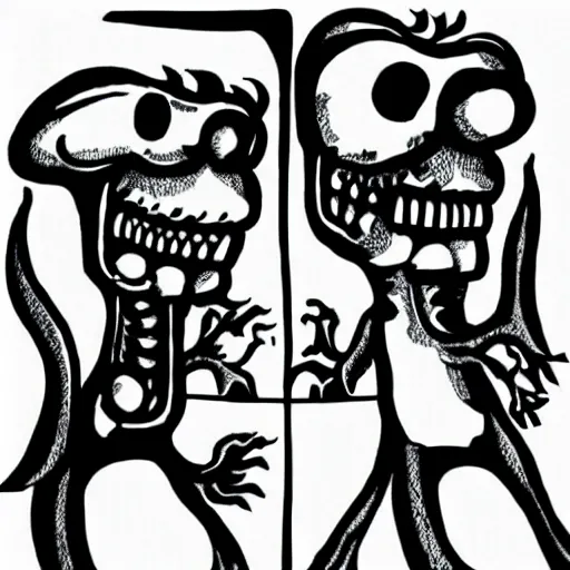 Prompt: a line drawing of a monster with two heads, one of them is a skull, the other is looking at a cell phone