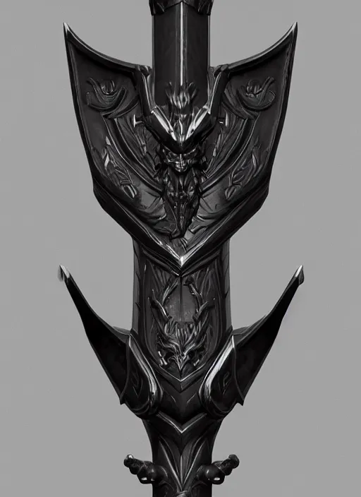 Prompt: a black long sword skull crest, orthographic, ornament, weapon, a 3 d render by dom qwek, front side views full, trending on polycount, artstation, hard surface modeling, rendered in maya, 3 ds max, blender, hd, vray, berserk blood, symmetry