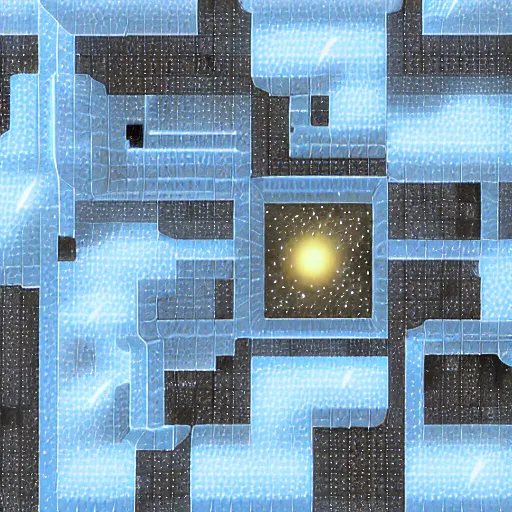 Image similar to a beige cubic space station with black greebles and glowing blue dots