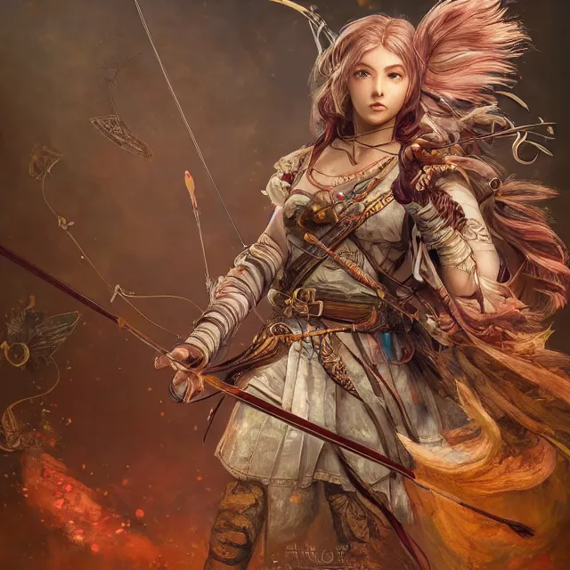 Image similar to the portrait of lawful neutral semi - colorful female archer huntress as absurdly beautiful, gorgeous, elegant, young girl, an ultrafine hyperdetailed illustration by kim jung gi, irakli nadar, intricate linework, bright colors, octopath traveler, final fantasy, unreal engine 5 highly rendered, global illumination, radiant light, detailed and intricate environment