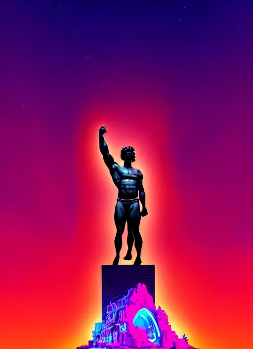 Image similar to statue of hercules, beeple, android jones, liam wong, ( ( ( ( ( dan mumford ) ) ) ) ), vaporwave, retrowave, black background, thin neon lines, black, glitch, strong contrast, cuts, pinterest, trending on artstation