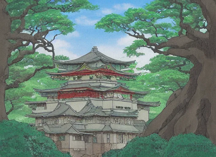 Image similar to japanese fortress in a city inside the forest by studio ghibli painting