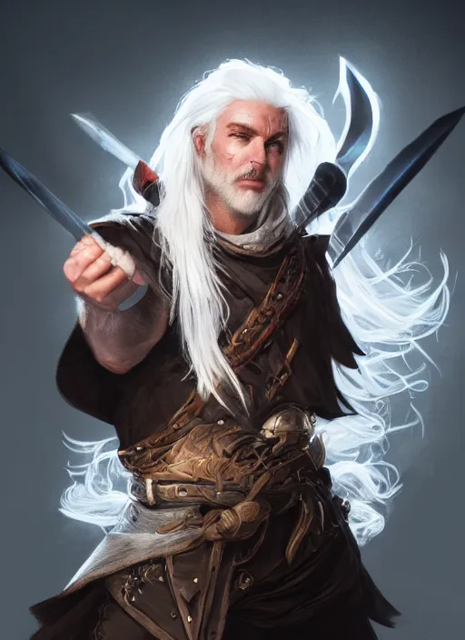 Prompt: portrait of a wild magic barbarian with white hair and a dark robe, dungeons and dragons, dramatic lighting, dynamic composition, trending on artstation, 4 k, 8 k