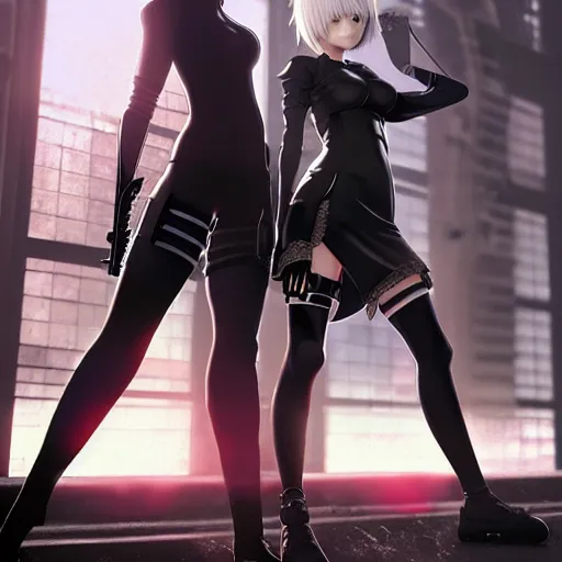 Prompt: realistic render 2 b and 9 s from nier automata by ross draws, futuristic dystopian city by ilya kuvshinov, digital anime art by ross tran, extreme intricate details, composition by sana takeda, lighting by greg rutkowski