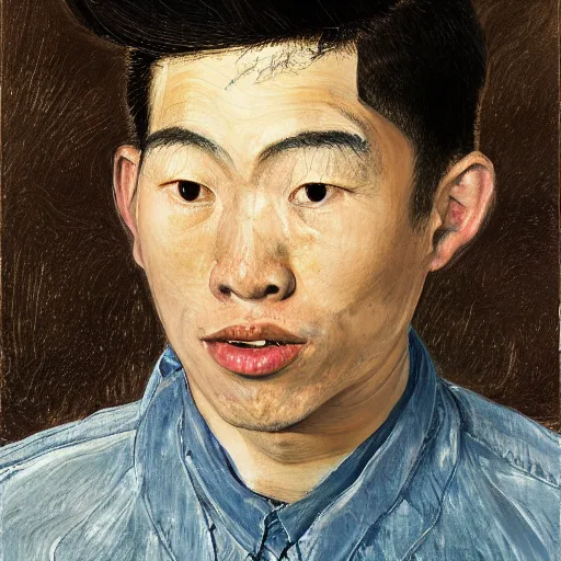 Image similar to detailed portrait of a modern, young confident asian american young man, by lucian freud, francis bacon, john chamberlain, willem de kooning, andreas franke, jean giraud, rob gonsalves, james gurney, james jean, ruan jia, gustav klimt