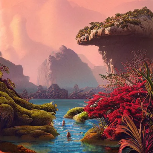 Image similar to digital painting of a lush natural scene on an alien planet by gerald brom. digital render. detailed. beautiful landscape. colourful weird vegetation. cliffs and water.