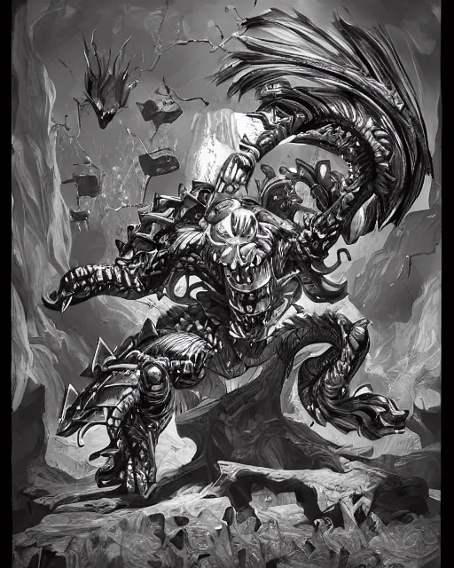 Image similar to A mimic as a crate, black and white, DnD, fantasy art, monster art, in the style of masami kurumada, illustration, epic, fantasy, intricate, hyper detailed, artstation, concept art, smooth, sharp focus, ray tracing