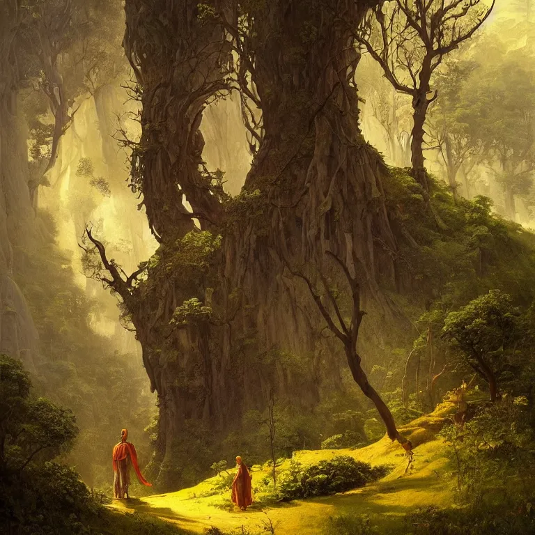 Image similar to a detailed landscape painting inspired by moebius and beksinski of a forest with path and man with a cape over his head. fantasy poster. cinematic fantasy scene. aurora lighting. fantasy. carl spitzweg. baroque elements. baroque element. intricate artwork by caravaggio. oil painting. award winning. dramatic. trending on artstation. 8 k