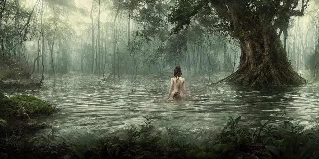 Prompt: forest nymph rising from the water. view from behind, back view. nuri iyem, james gurney, james jean, greg rutkowski, anato finnstark. award winning photography, cinematic, clear