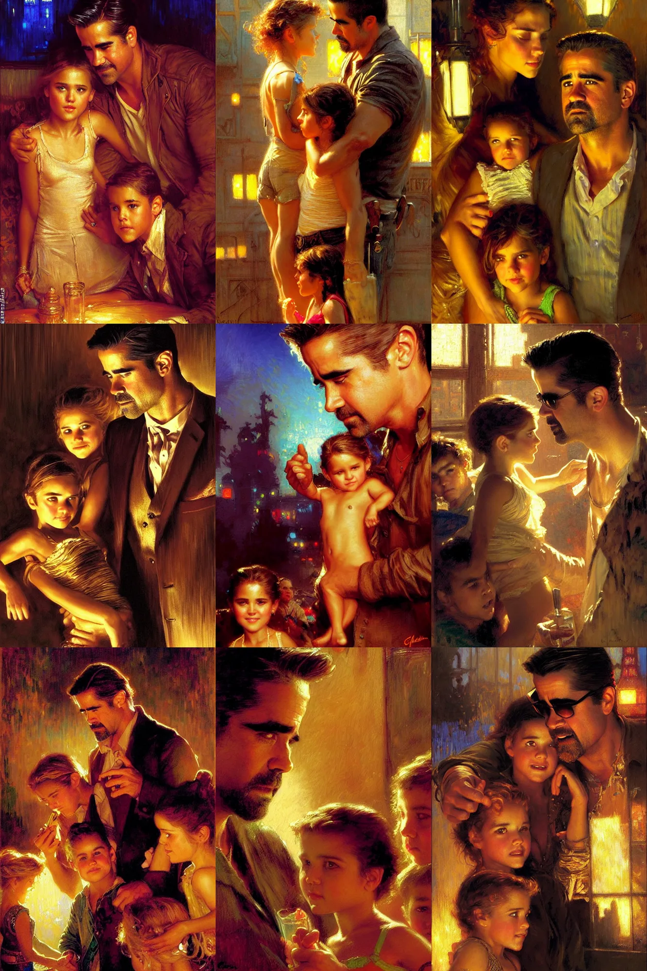 Prompt: summer, family, colin farrell with jessica alba, with a kid, neon light, detailed faces, painting by gaston bussiere, craig mullins, j. c. leyendecker