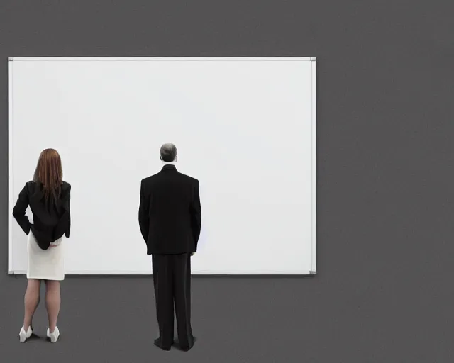 Image similar to a man standing next to a woman in front of a whiteboard, a computer rendering by Richard Artschwager, behance, modular constructivism, matte drawing, matte painting, studio portrait, diorama