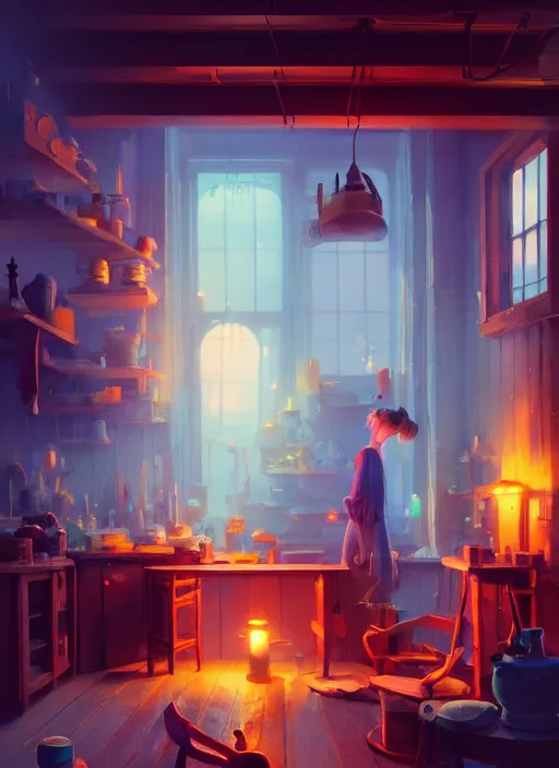 Prompt: beautiful interior of a cozy woodworker shop, james gilleard, delphin enjolras, goro fujita, makoto shinkai, paul lehr, volumetric lighting, octane render, very coherent, trending on artstation