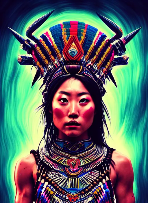 Prompt: portrait of karen fukuhara, hyper detailed ultra sharp aztec shaman warrior. trending on artstation, warpaint aesthetic, bloodwave, colorful, psychedelic, ornate, intricate, digital painting, concept art, smooth, sharp focus, illustration, art by artgerm and greg rutkowski and h. r. giger, 8 k