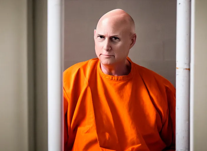 Image similar to photo of bald!!! donald trump!!! shaved head no hair!!! no hair!!! old white pasty skin sitting in a jail cell wearing an orange jumpsuit, defocused bars in the foreground, 8 k, 8 5 mm f 1. 8