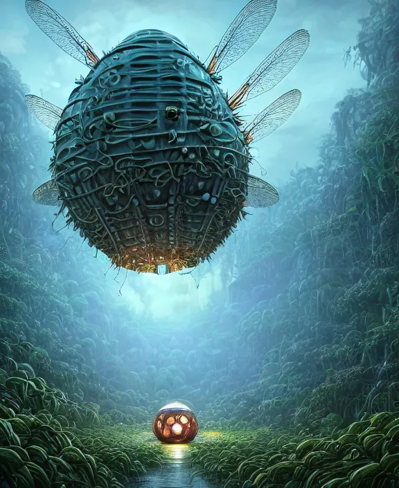 Image similar to a giant weird industrial plant made out of isopod dragonflies, in the style of a strange puffy spaceship, overgrown with disturbing orchids, partly cloudy, somber, dramatic lighting, by dan mumford, yusuke murata, makoto shinkai, ross tran, cinematic, unreal engine, cel shaded, featured on artstation, pixiv