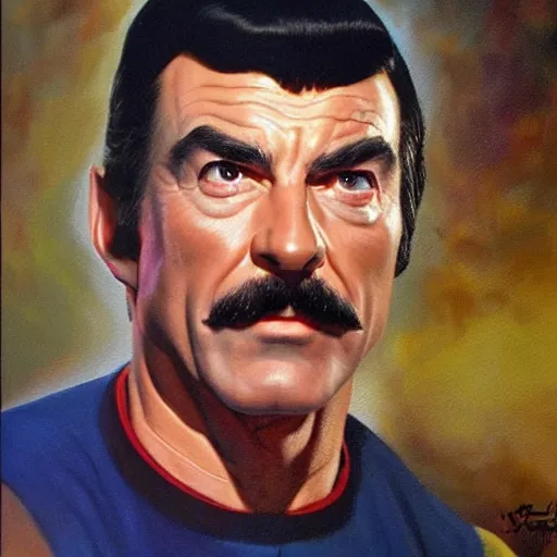 Image similar to ultra realistic portrait painting of tom selleck as spock, art by frank frazetta, 4 k, ultra realistic, highly detailed, epic lighting