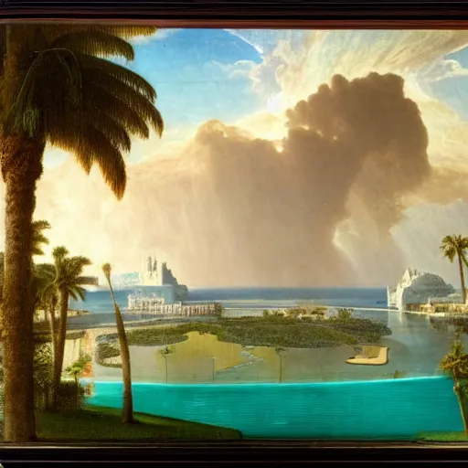 Image similar to Palace floating in the sky, 1km tall, thunderstorm, greek pool, beach and palm trees on the background major arcana sky, by paul delaroche, hyperrealistic 4k uhd, award-winning very detailed