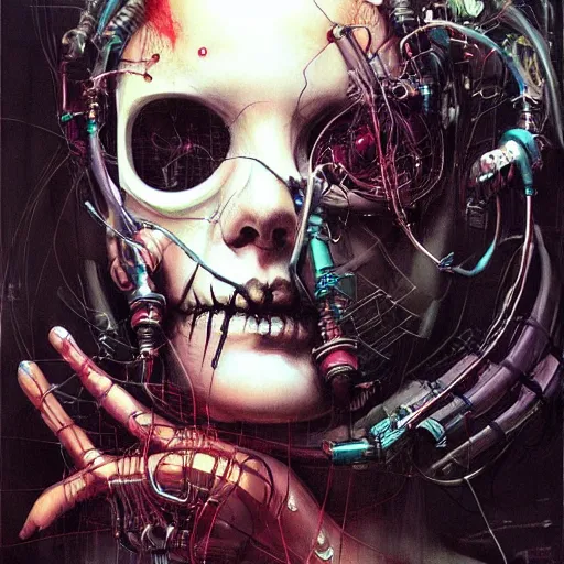 Image similar to woman cyberpunk hacker dream thief, wires cybernetic implants, skulls in the style of adrian ghenie, esao andrews, jenny saville,, surrealism, dark art by james jean, takato yamamoto