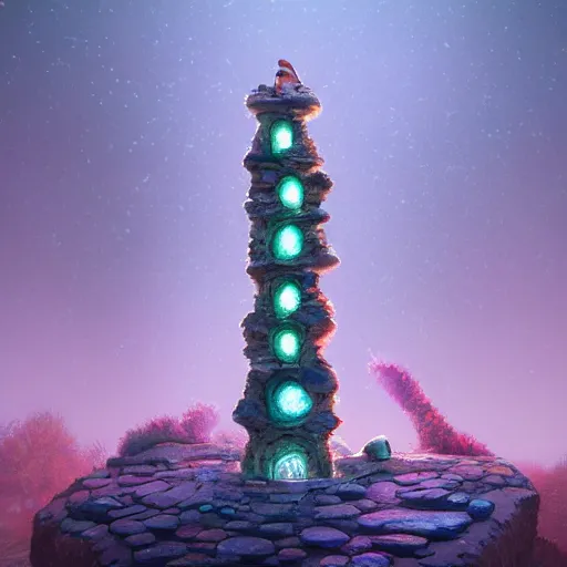 Image similar to tiny stone tower, expressive eyes, floating, rbc, radiolaria, protophyta, micro - organisms, center frame, symmetric, rim light, marine microbiology, bioluminescence, electric, fur, soft, concept art, intricate details, highly detailed, colorful, photorealistic, disney pixar, octane render, iridescent, anime