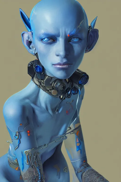 Prompt: portrait of beautiful young blue goblin, cyberpunk, Warhammer, highly detailed, artstation, illustration, art by Gustav Klimt and Range Murata and Ilya Kuvshinov and Sakimichan