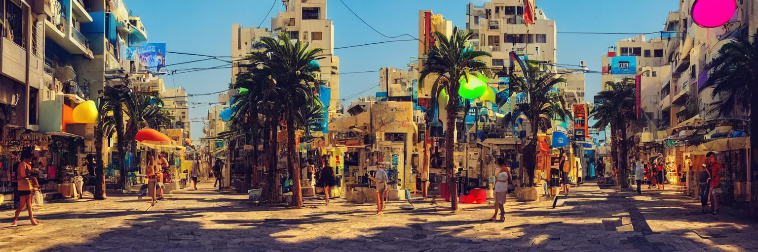 Prompt: the streets of tel aviv, israel, summer, morning, vivid colors, neon, art by gregory crewdson and artgerm and wlop and william - adolphe bouguereau