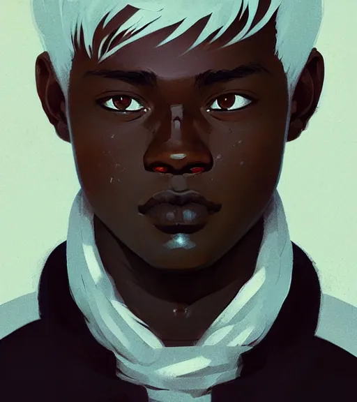 Image similar to portrait of a young man, raised on the island, dark skin, white hair, face tatooes by atey ghailan, by greg rutkowski, by greg tocchini, by james gilleard, by joe fenton, by kaethe butcher, dynamic lighting, gradient light blue, brown, blonde cream and white color scheme, grunge aesthetic