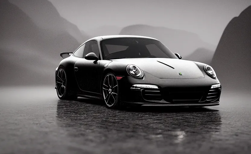 Image similar to a black Porsche 911 in the mountain at night by Khyzyl Saleem, cyan headlights, night time, lightning, heavy storm, atmospheric, artstation, concept art, illustration, sharp focus, high detail, octane render, RTX, water reflections, intimidating