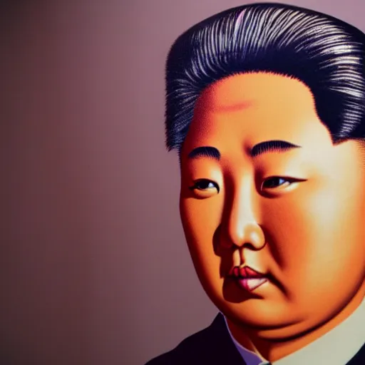 Image similar to araki nobuyoshi style photography of realistic detailed north korean kim chen with detailed face smelling detailed weed bush in detailed basement bedroom ultraviolet light
