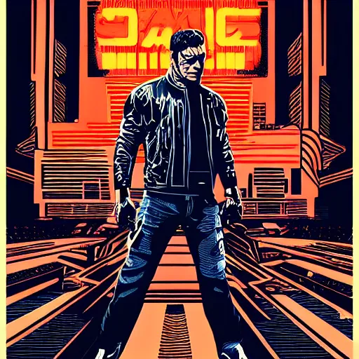 Prompt: Illustrated by Shepard Fairey and H.R. Geiger | Cyberpunk Jean claude van damme with VR helmet, surrounded by cables