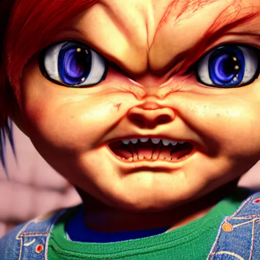 Prompt: an epic anime of chucky, ghibli, unreal 5, daz, hyperrealistic, octane render, rpg portrait, dynamic lighting