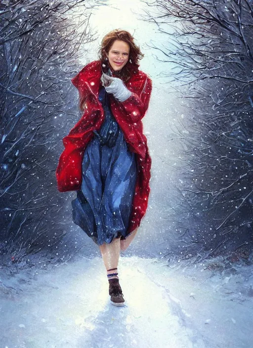 Prompt: a forty five year old woman with short wavy curly light brown hair and blue eyes wearing colorful winter clothes is running in a snowy field. beautiful painting by artgerm and greg rutkowski