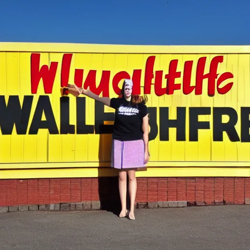 Image similar to wafflehouse employee's standing below wafflehouse sign
