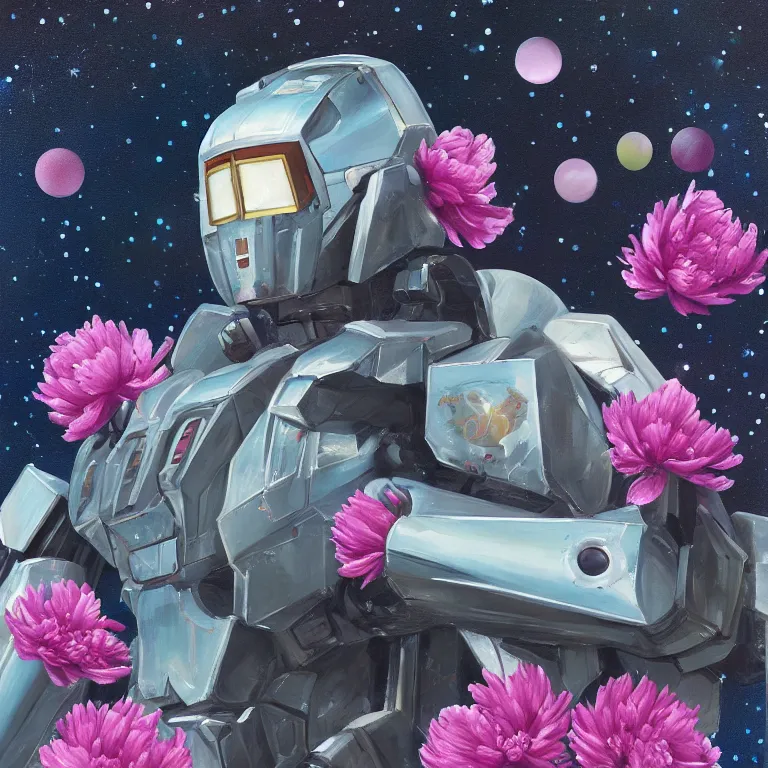 Image similar to A beautiful oil painting hyperrealism of armored mecha cyber drinks a magical bubble tea in a constellation of peonies, digital art